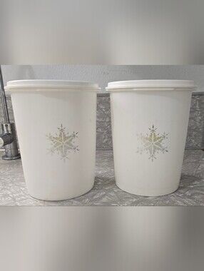 Vintage Tupperware Servalier White Snowflake Canister Set of Two With Scoop